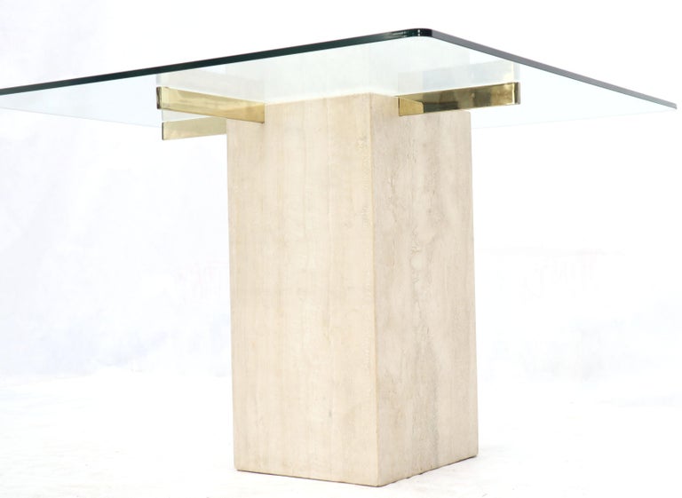 Square Travertine Marble Pedestal and Brass Glass Top Dining Game Table