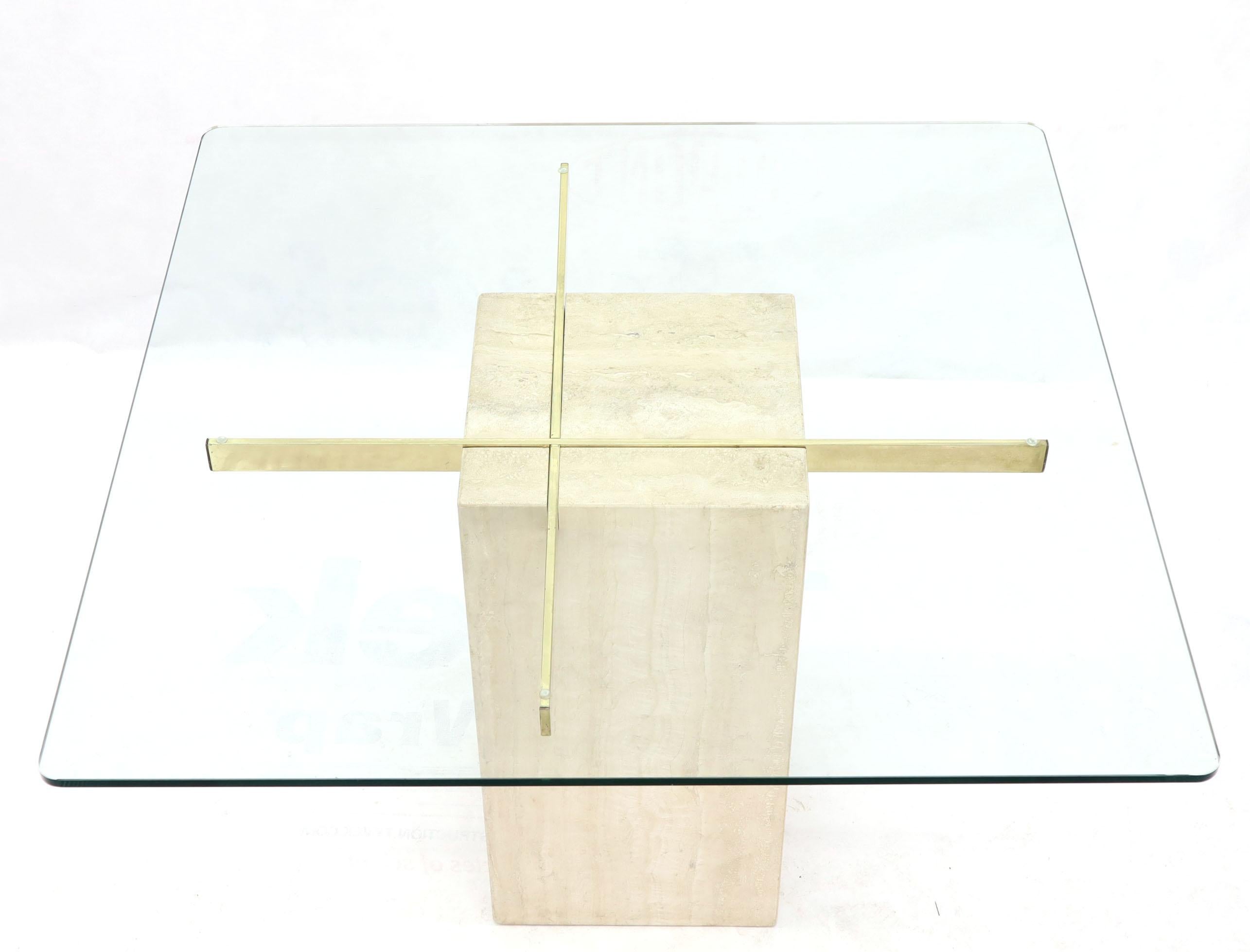 Polished Square Travertine Marble Pedestal and Brass Glass Top Dining Game Table