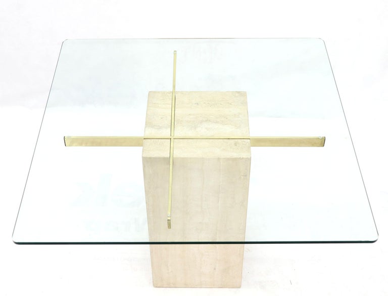 Square Travertine Marble Pedestal and Brass Glass Top Dining Game Table