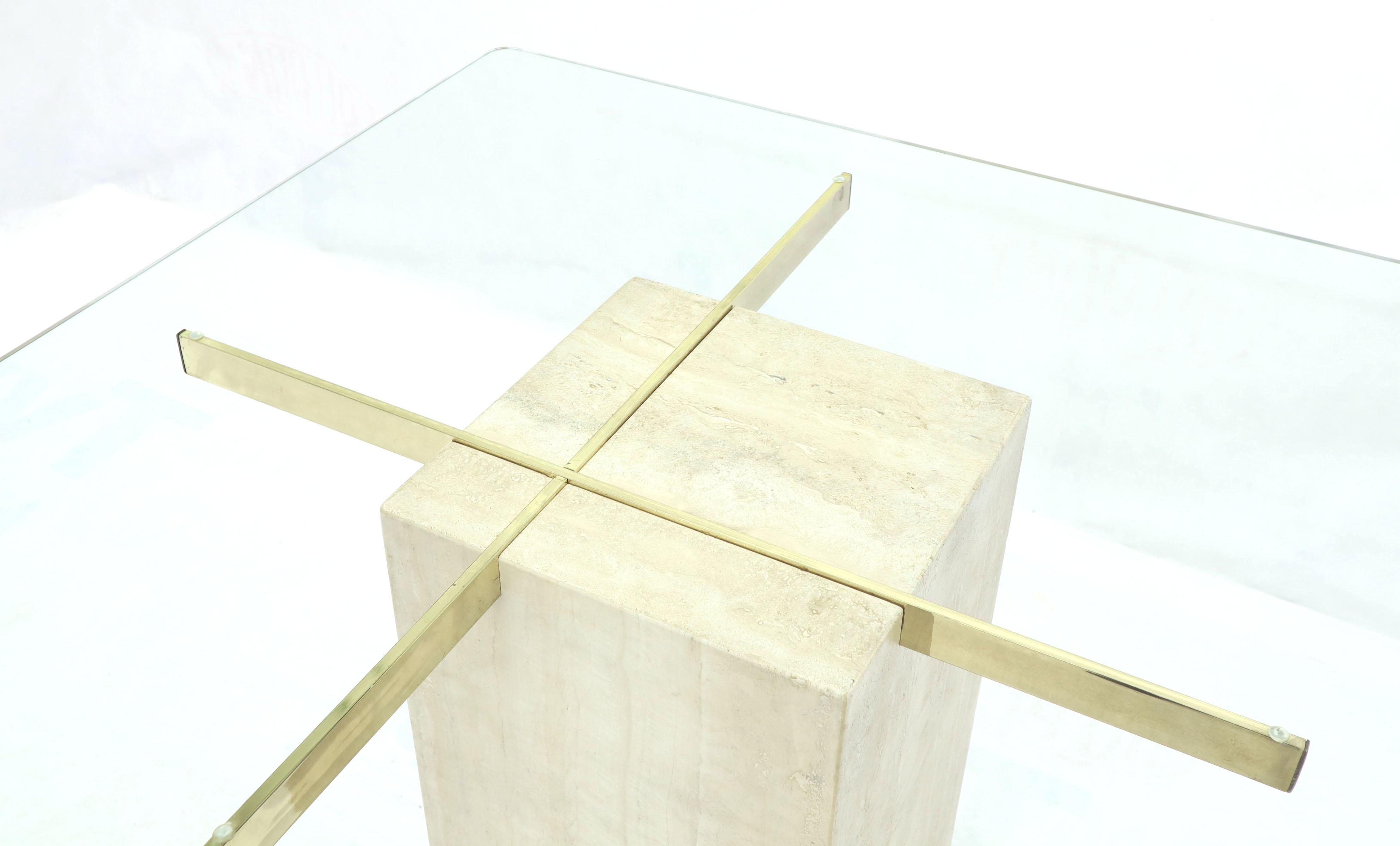 Square Travertine Marble Pedestal and Brass Glass Top Dining Game Table In Good Condition In Rockaway, NJ