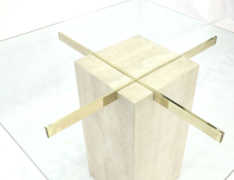 Square Travertine Marble Pedestal and Brass Glass Top Dining Game Table