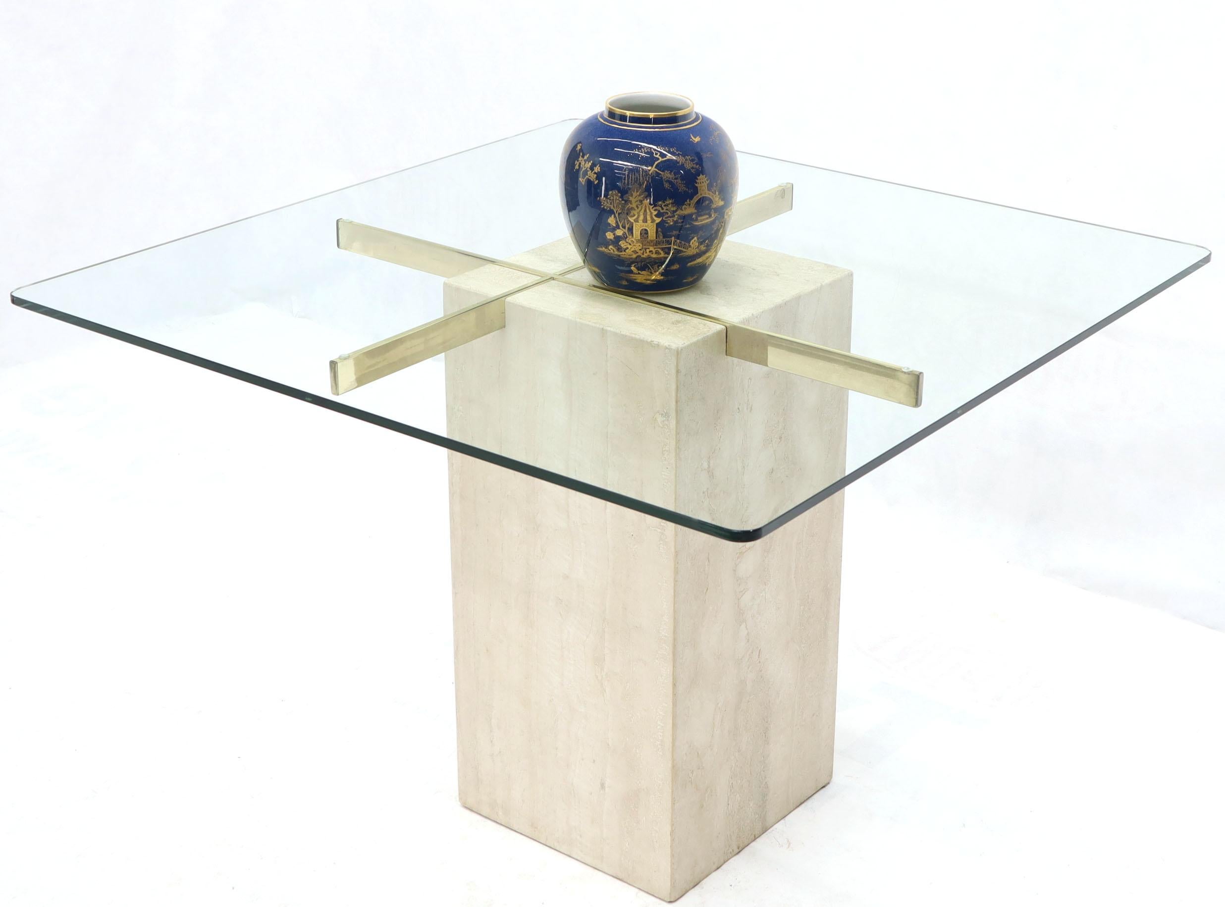Square Travertine Marble Pedestal and Brass Glass Top Dining Game Table 2