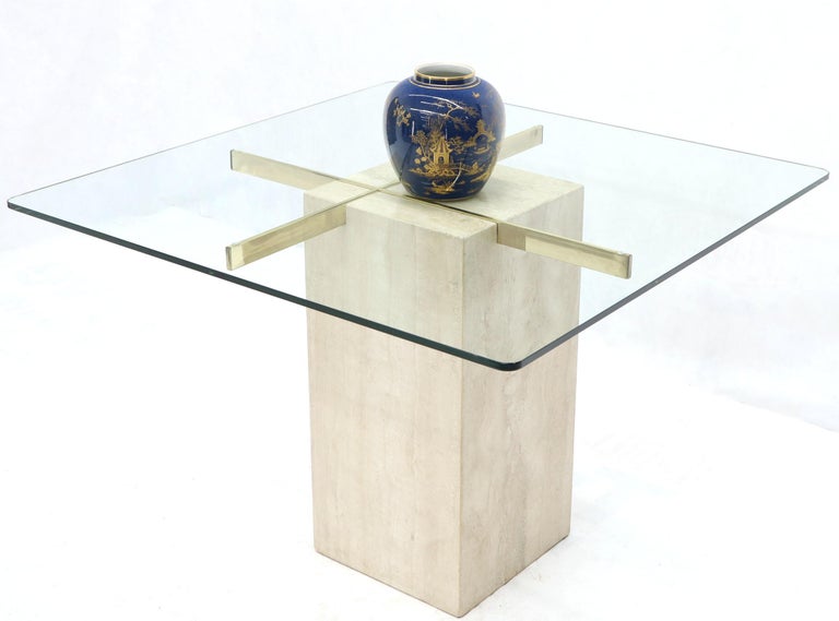 Square Travertine Marble Pedestal and Brass Glass Top Dining Game Table