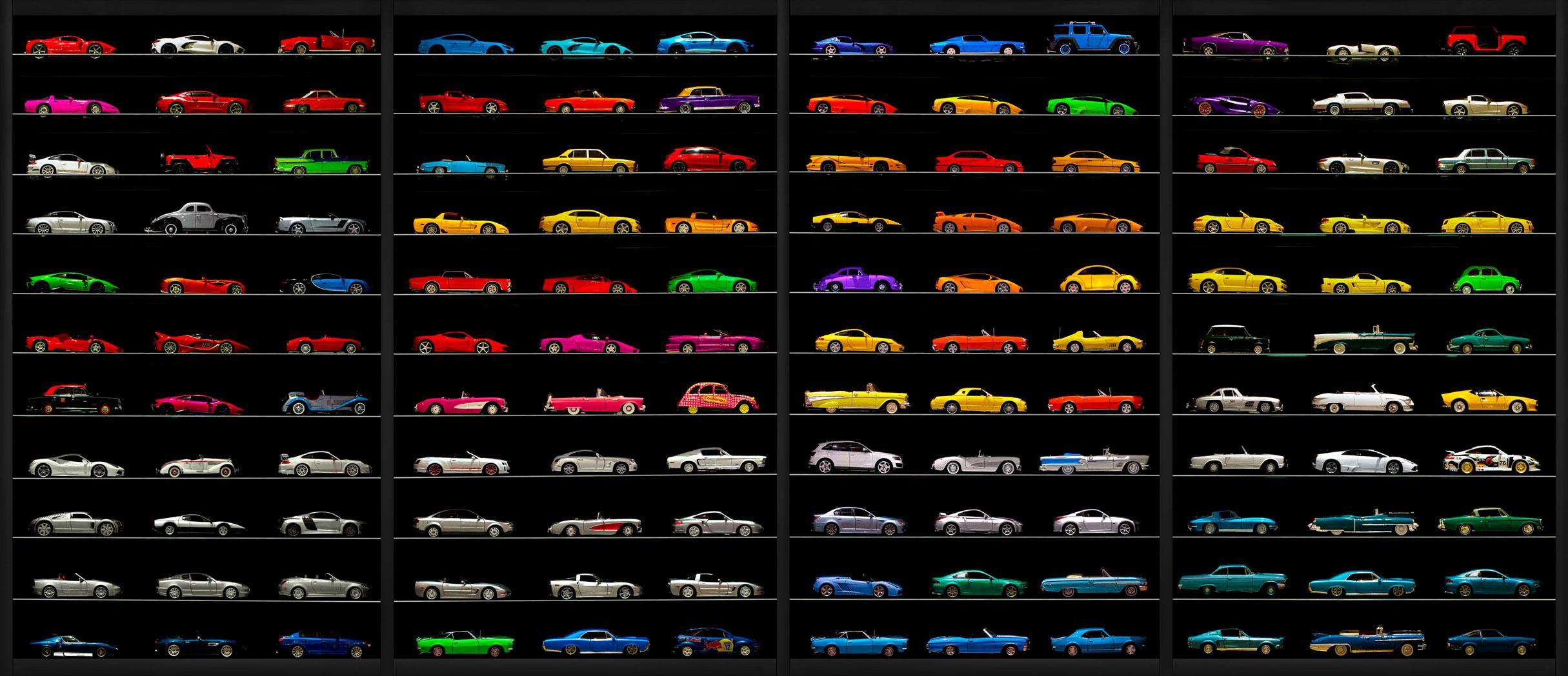 This limited edition photograph displays a collector's 20 year journey amassing beautiful die-cast cars, creating a colourful tapestry that's sure to get your engines revved up!

All available sizes and editions:
48" x 86.5", Edition of 10, Artist