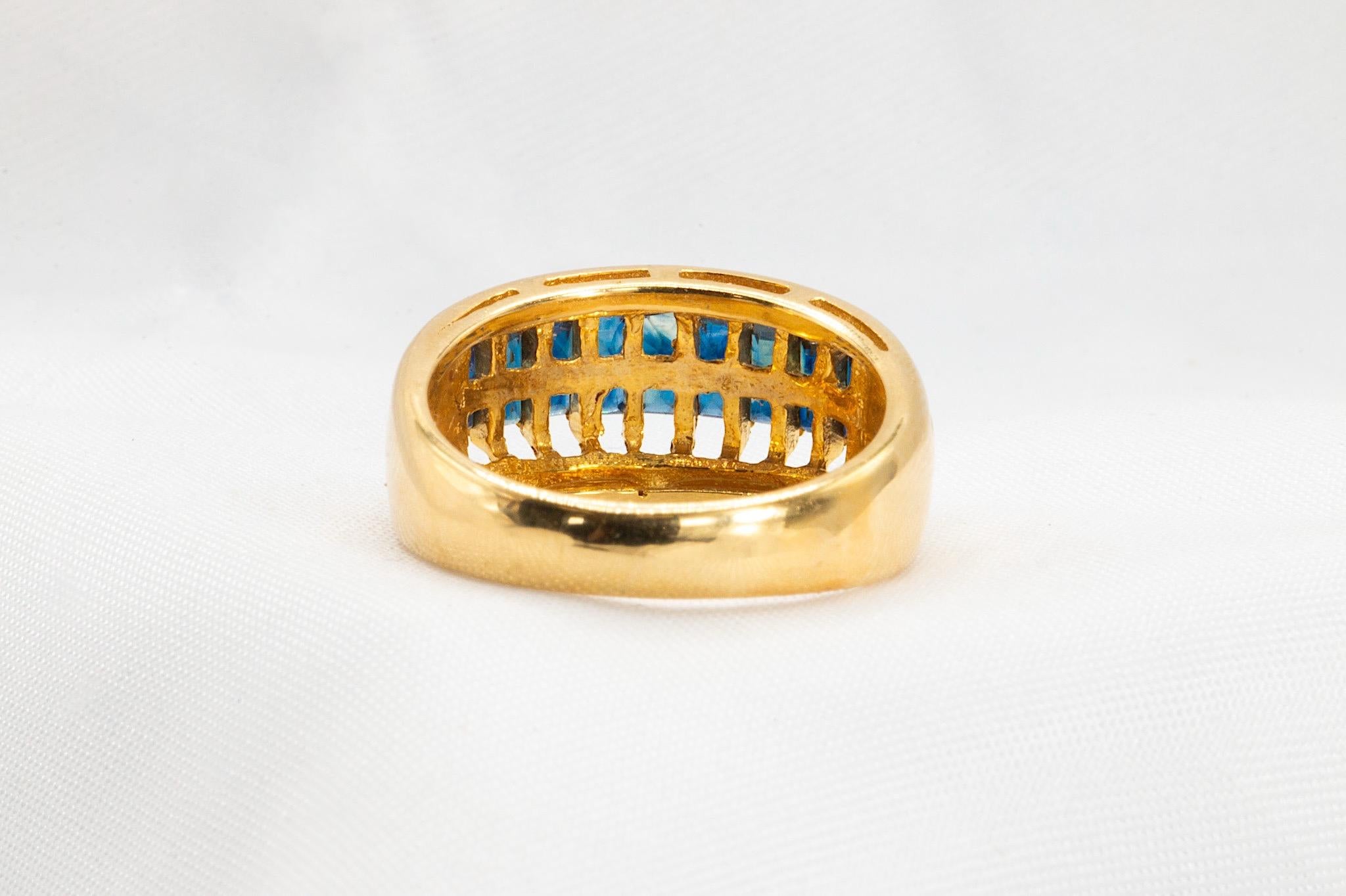 Square Cut 0.80 Carat Total Blue Sapphires in 18K Yellow Gold Band For Sale