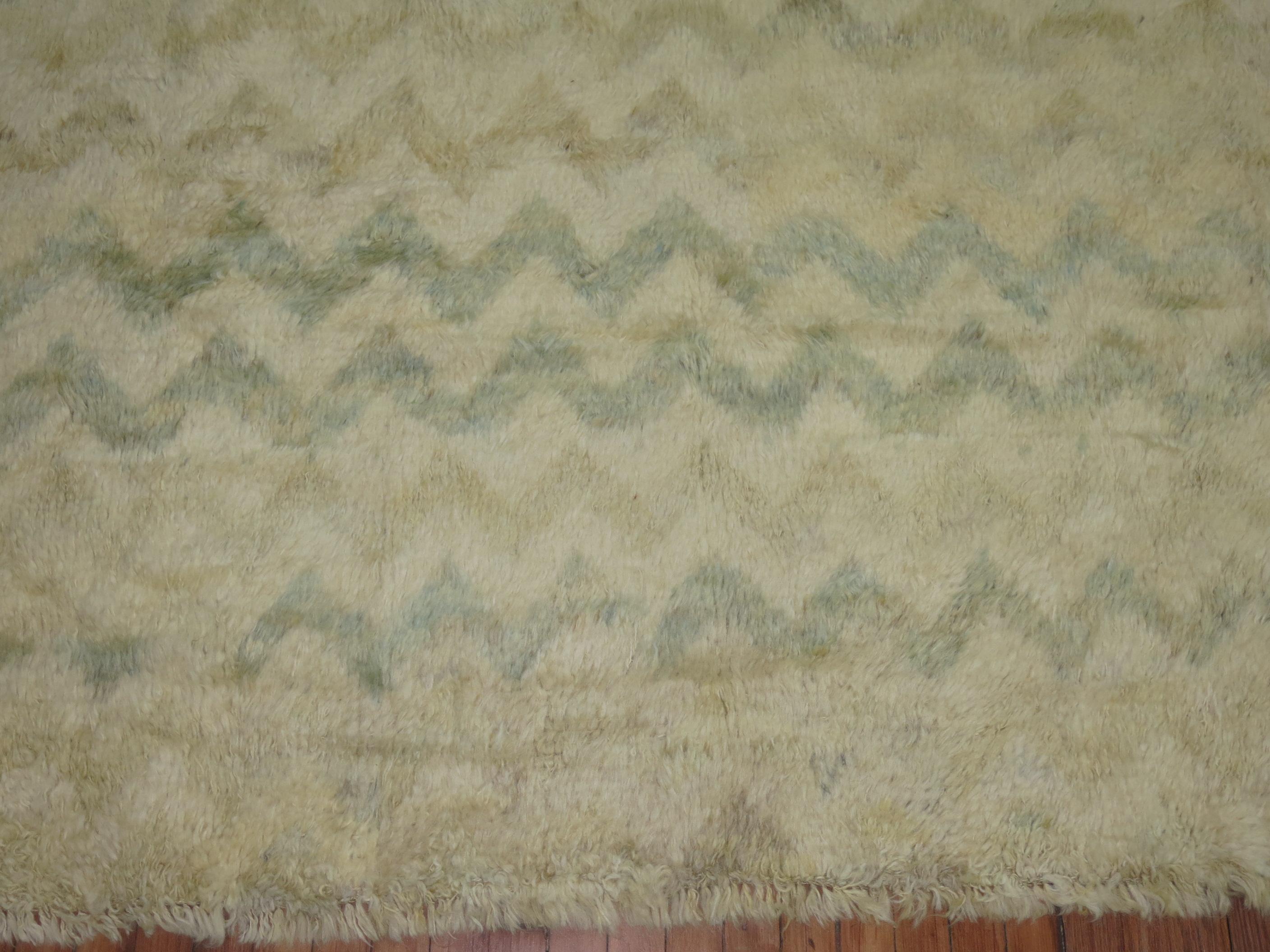 Wool Square Persian Shag Rug in Ivory Pale Blue For Sale