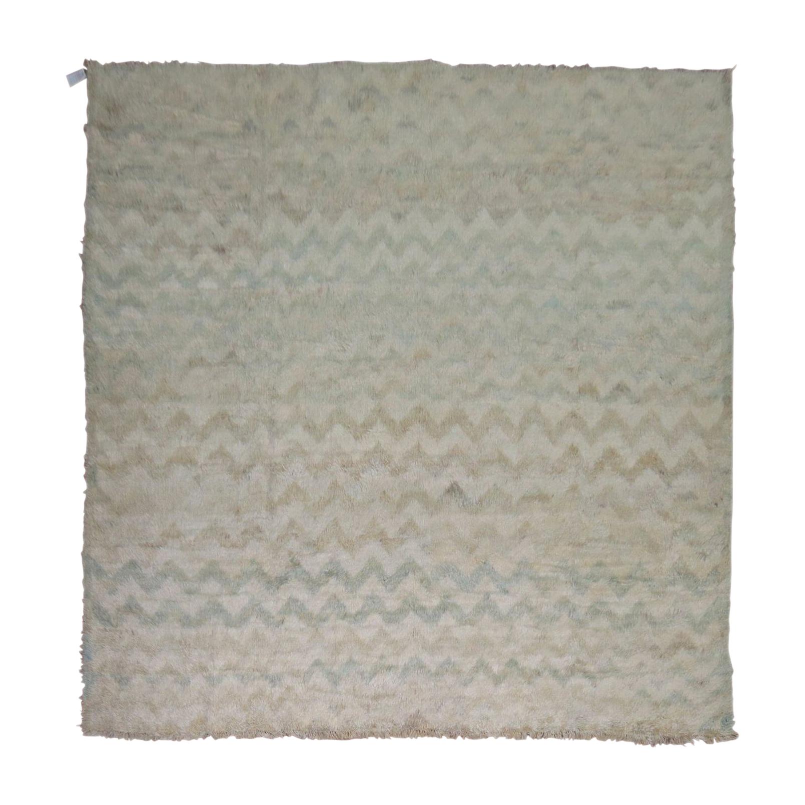 Square Persian Shag Rug in Ivory Pale Blue For Sale