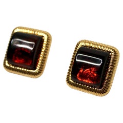 Square 14k Gold Plated Amber Cabochon Earrings circa 1980s