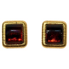 Square 14k Gold Plated Amber Cabochon Earrings circa 1980s