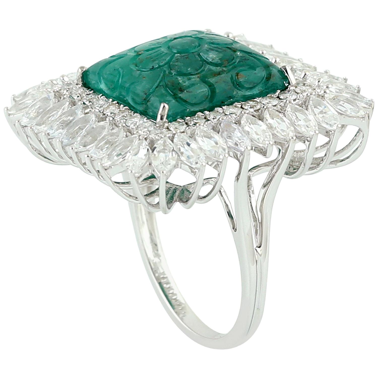 Carved Emerald 14 Karat Gold Diamond Ring