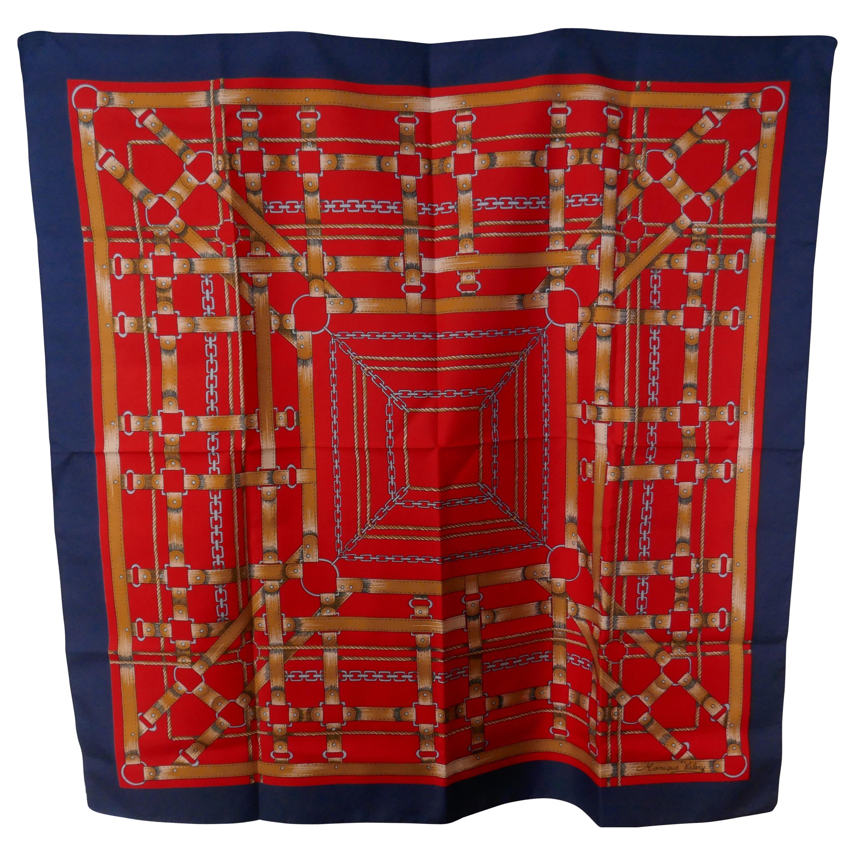 Square 1960s Vintage Head Scarf designed by Monique Valery Horse Riding in Red  For Sale