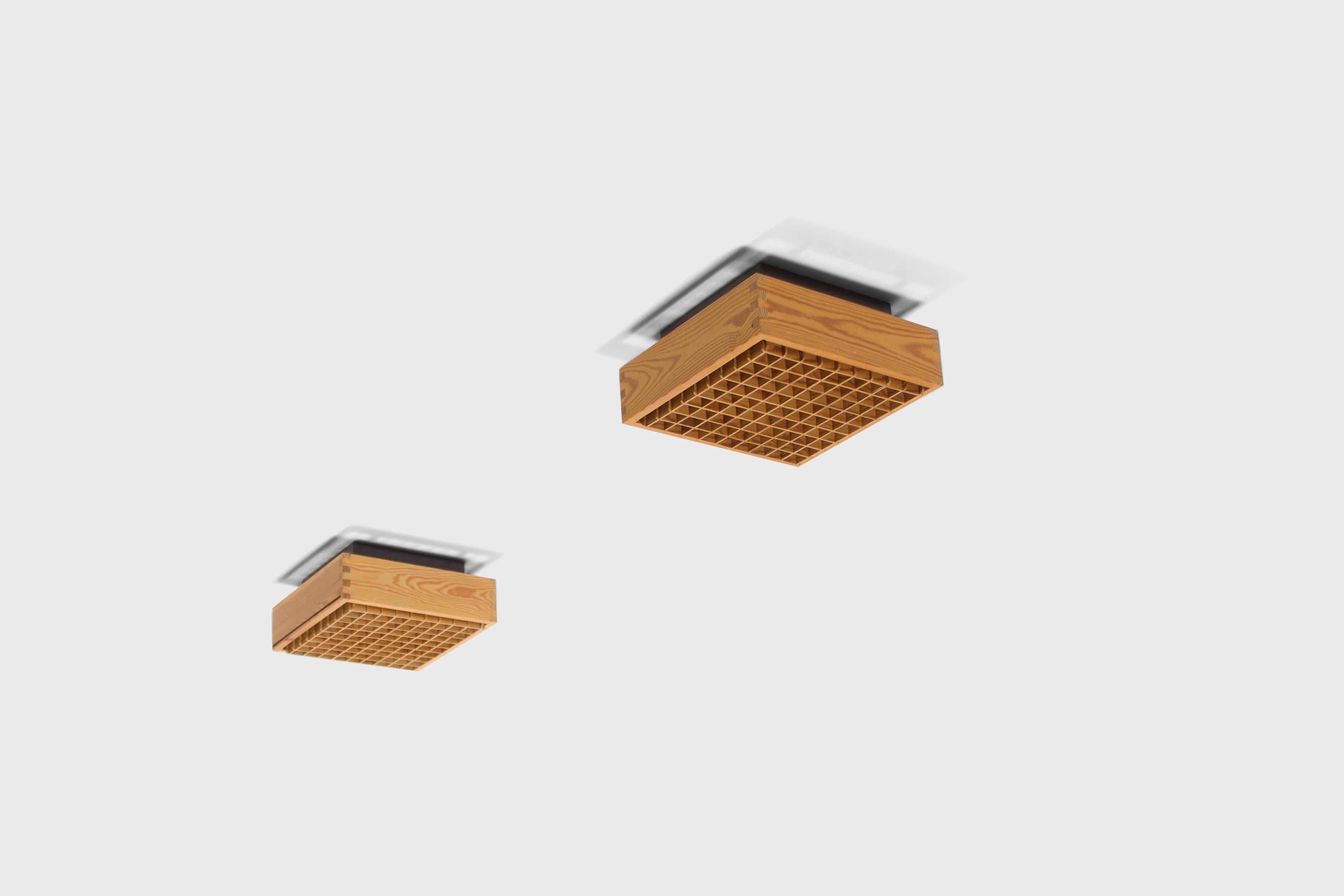 Square 1970s Pine Falkenbergs Belysning Flush Mounts, Sweden, 1970s In Excellent Condition In Echt, NL