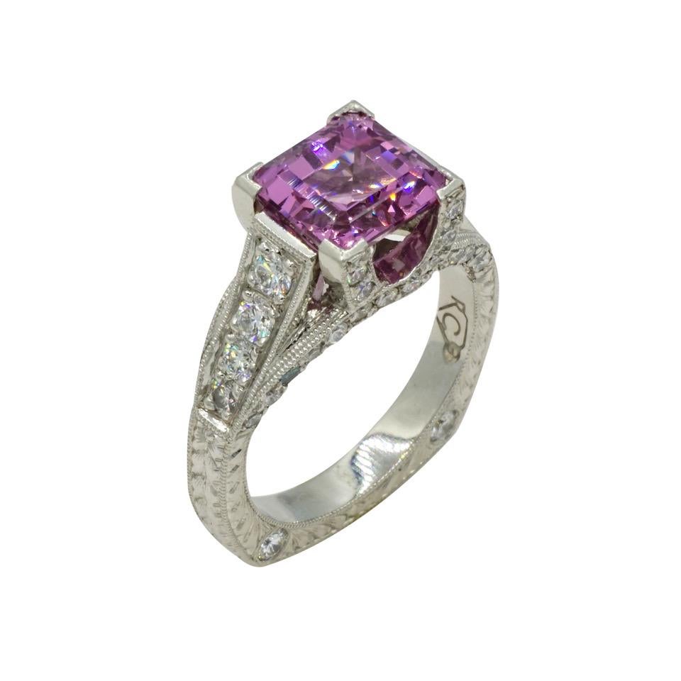 Brand New Natural Square 2.50ct Fancy Pink Spinel Diamond Platinum Ring with RGC's Signature Blue Diamond Designer Rock N Gold Creations. A stunning ring that can be an engagement ring or for another special occasion. This ring is TOP quality,