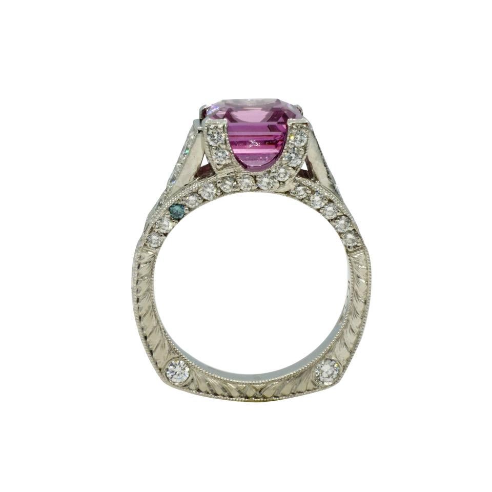 Taille Asscher Bague carrée en platine avec spinelle rose de 2,50 carats et diamants de Rock N Gold Creations, Neuve en vente