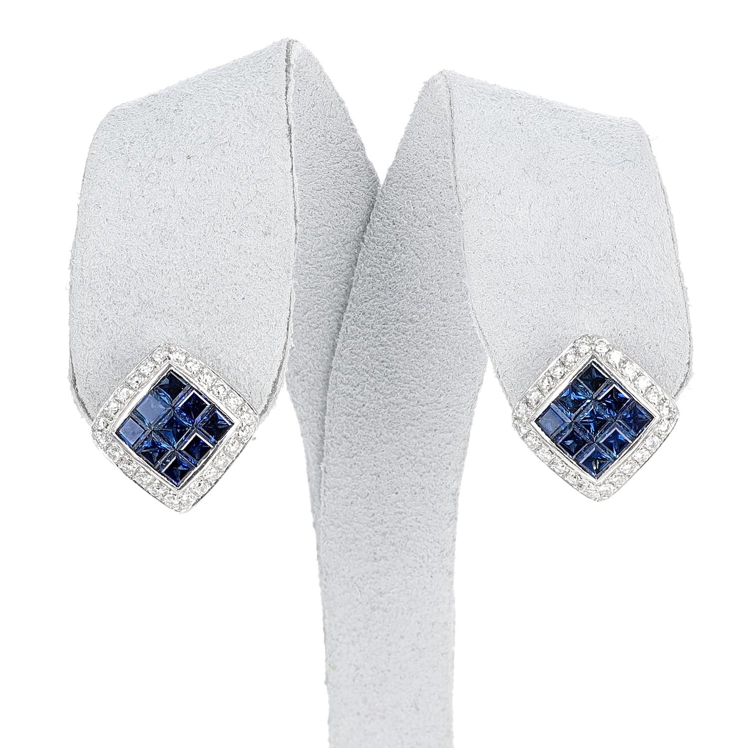 A pair of invisibly set Square 3 ct. Sapphire and Diamonds 0.60 carats 18K White Gold Earrings. The length is 0.60 inches. The total weight is 12.80 grams. 
 
 