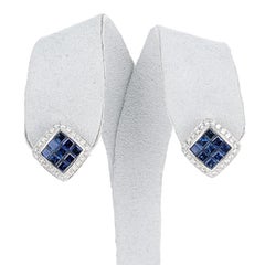 Square 3 Ct. Sapphire and Diamonds 0.60 Carats 18K White Gold Earrings