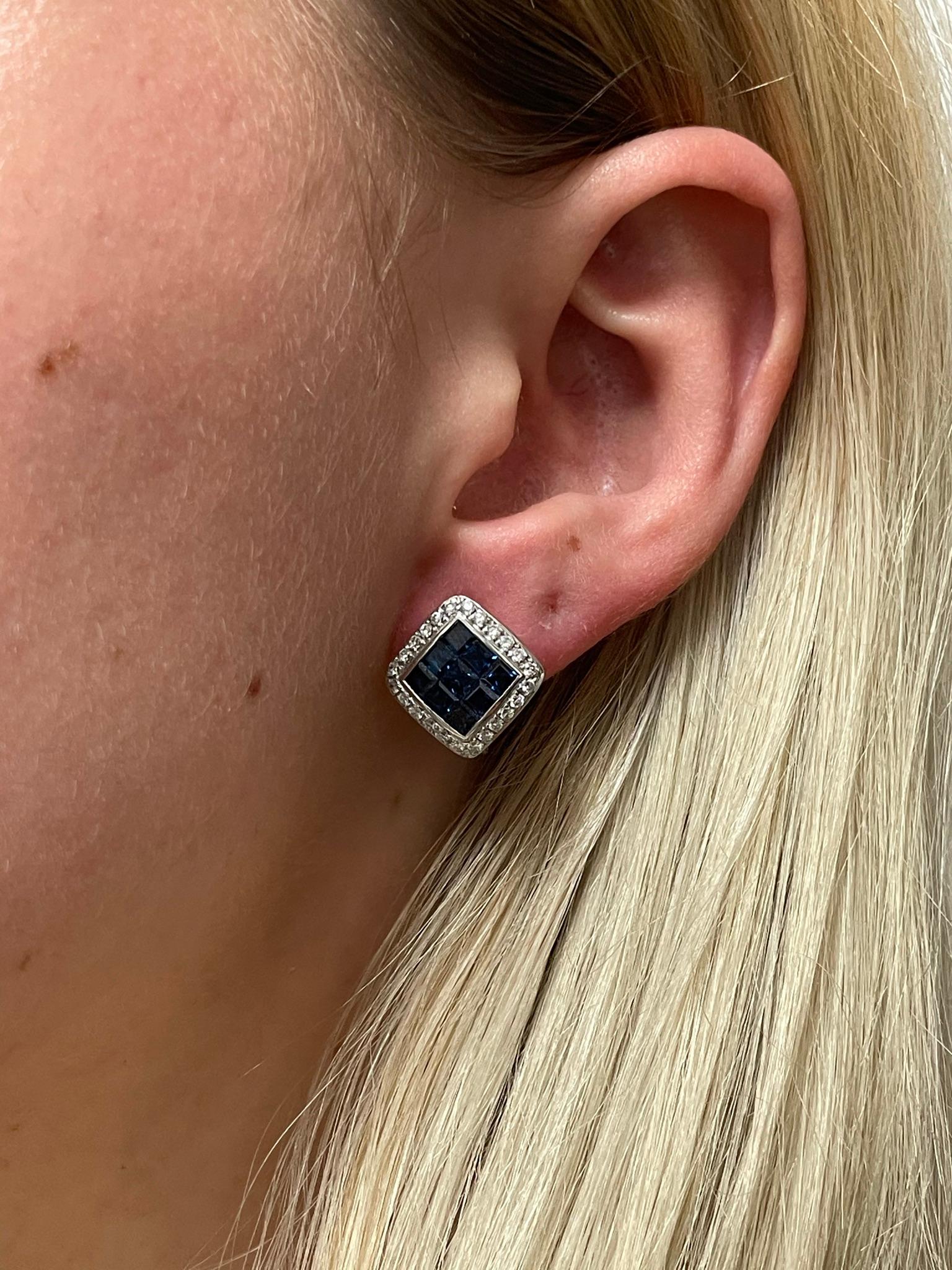 Square Cut Square 3 Ct. Sapphire and Diamonds 0.60 Carats 18K White Gold Earrings For Sale