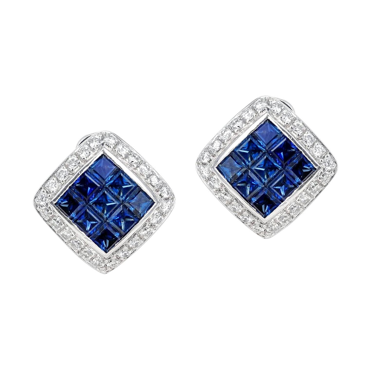 Square 3 Ct. Sapphire and Diamonds 0.60 Carats 18K White Gold Earrings For Sale