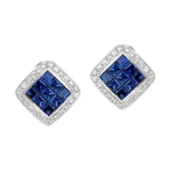 Vintage Square 3 Ct. Sapphire and Diamonds 0.60 Carats 18K White Gold Earrings