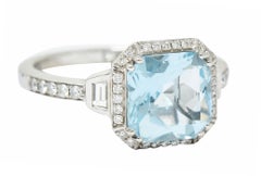 Square 3.50 Carats Aquamarine Diamond 14 Karat White Gold Gemstone Ring