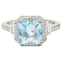 Square 3.50 Carats Aquamarine Diamond 14 Karat White Gold Gemstone Ring
