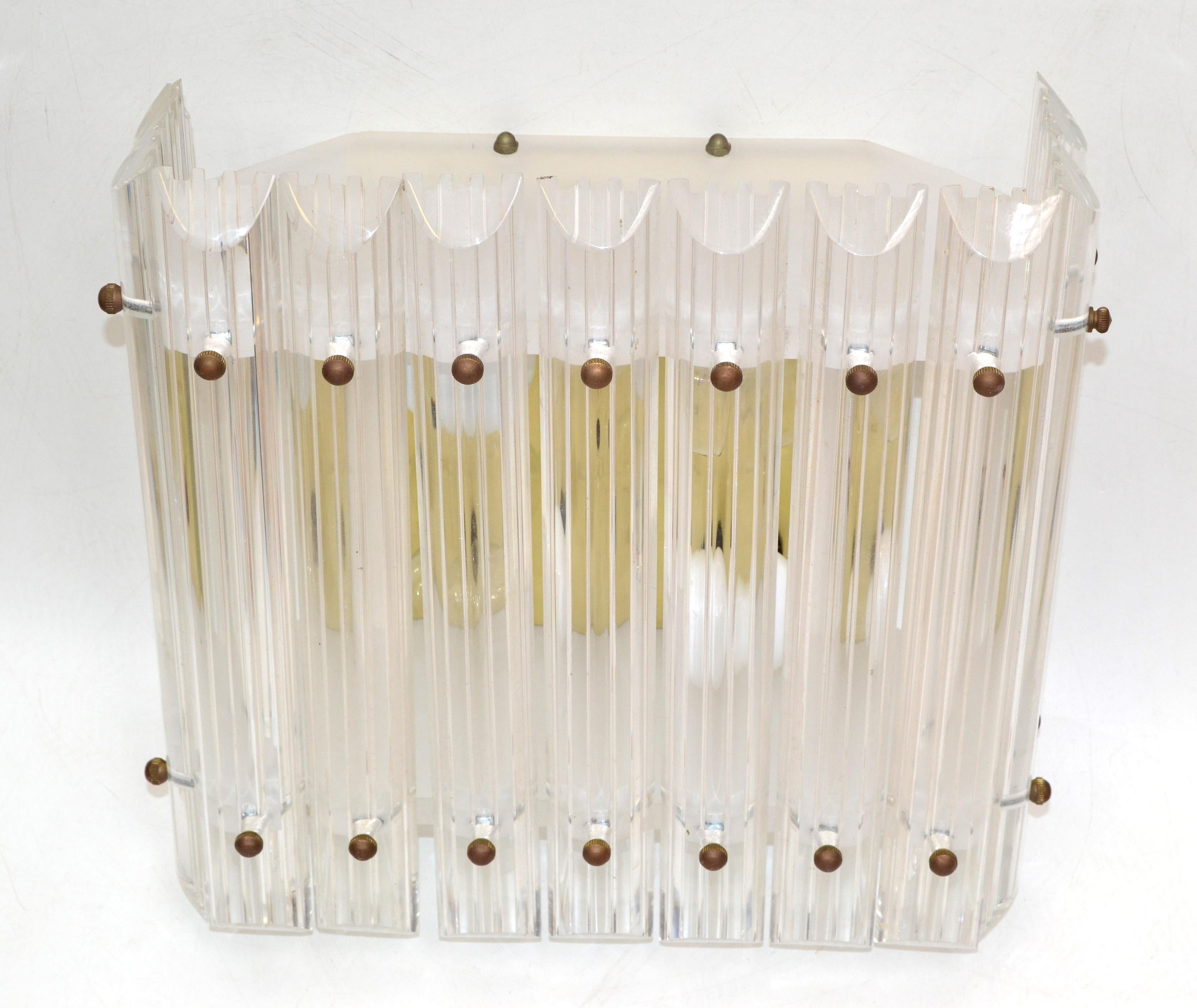 Square 4 Light Clear Lucite & Brass Flush Mount, Sconce, Mid-Century Modern 1980 For Sale 5