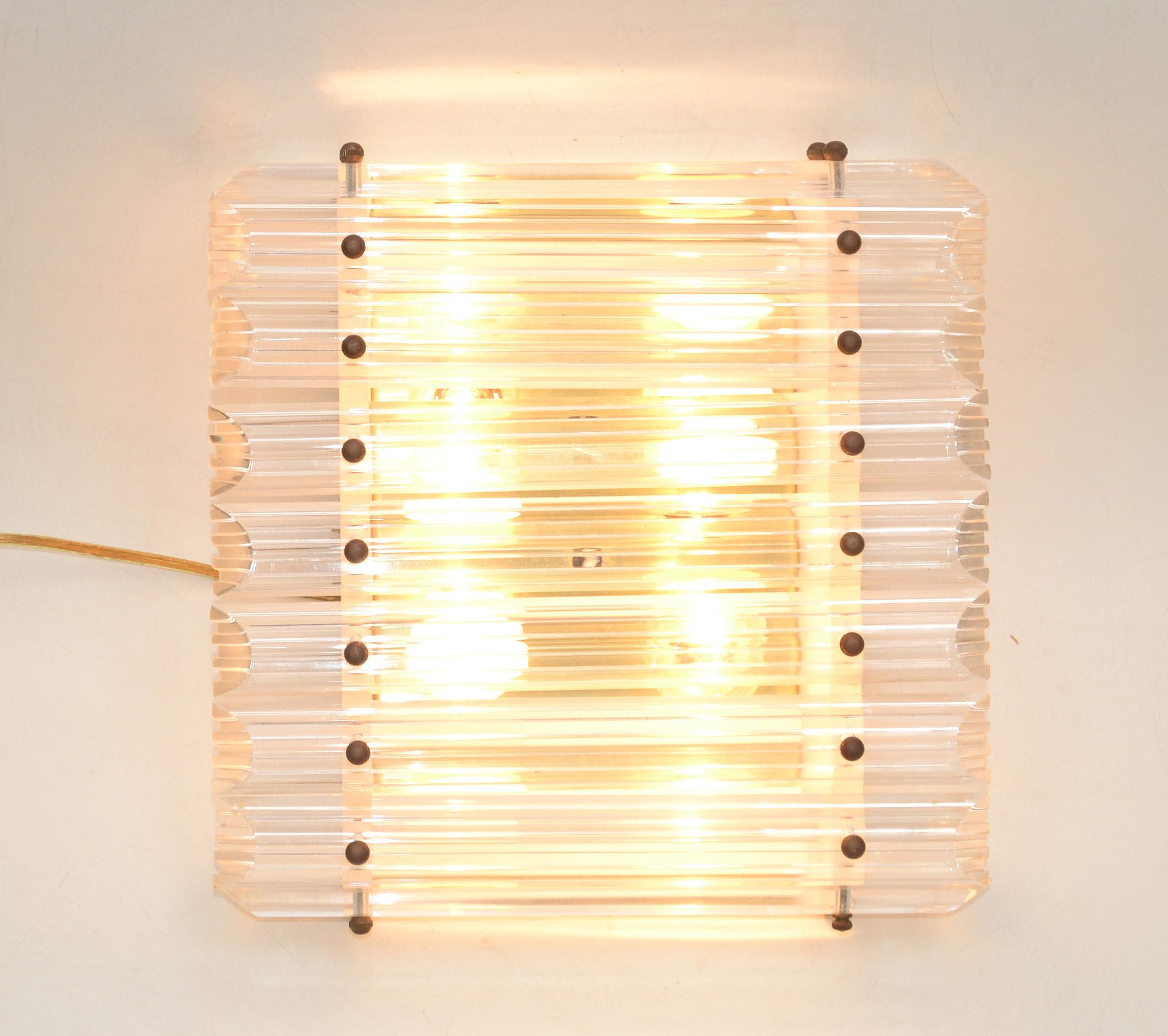 Square 4 Light Clear Lucite & Brass Flush Mount, Sconce, Mid-Century Modern 1980 For Sale 8