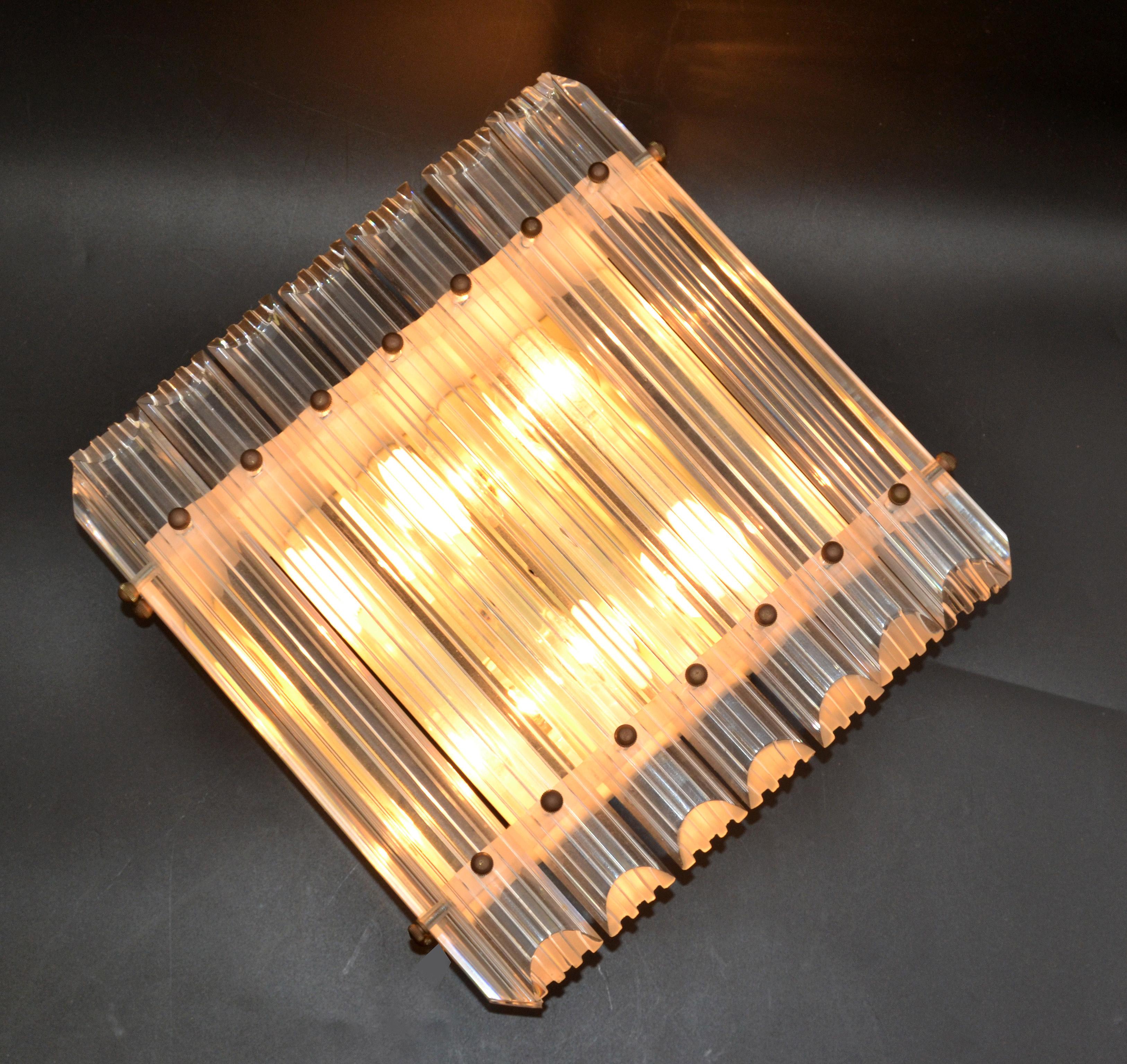 Square 4 Light Clear Lucite & Brass Flush Mount, Sconce, Mid-Century Modern 1980 In Good Condition For Sale In Miami, FL