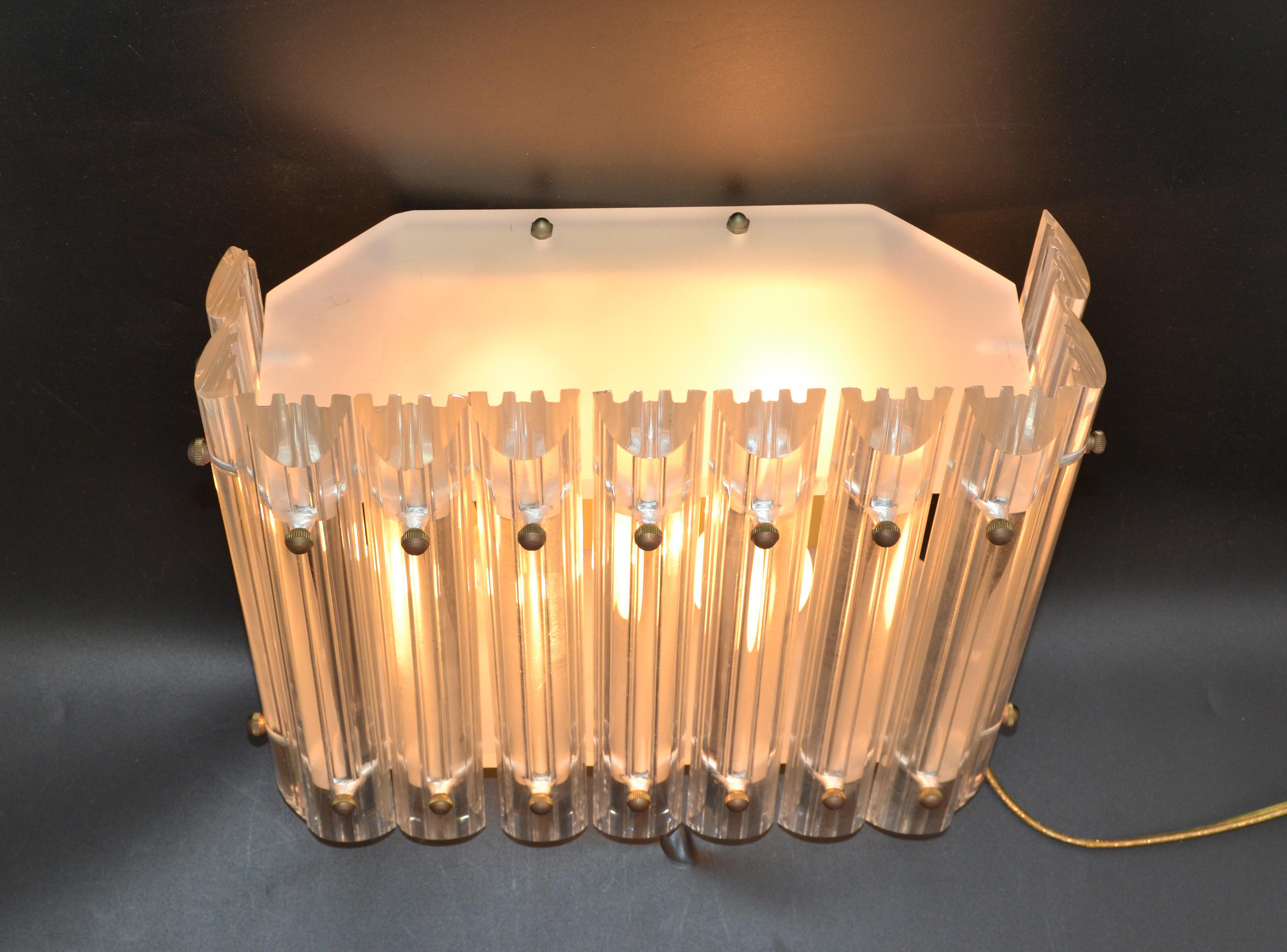 Square 4 Light Clear Lucite & Brass Flush Mount, Sconce, Mid-Century Modern 1980 For Sale 1