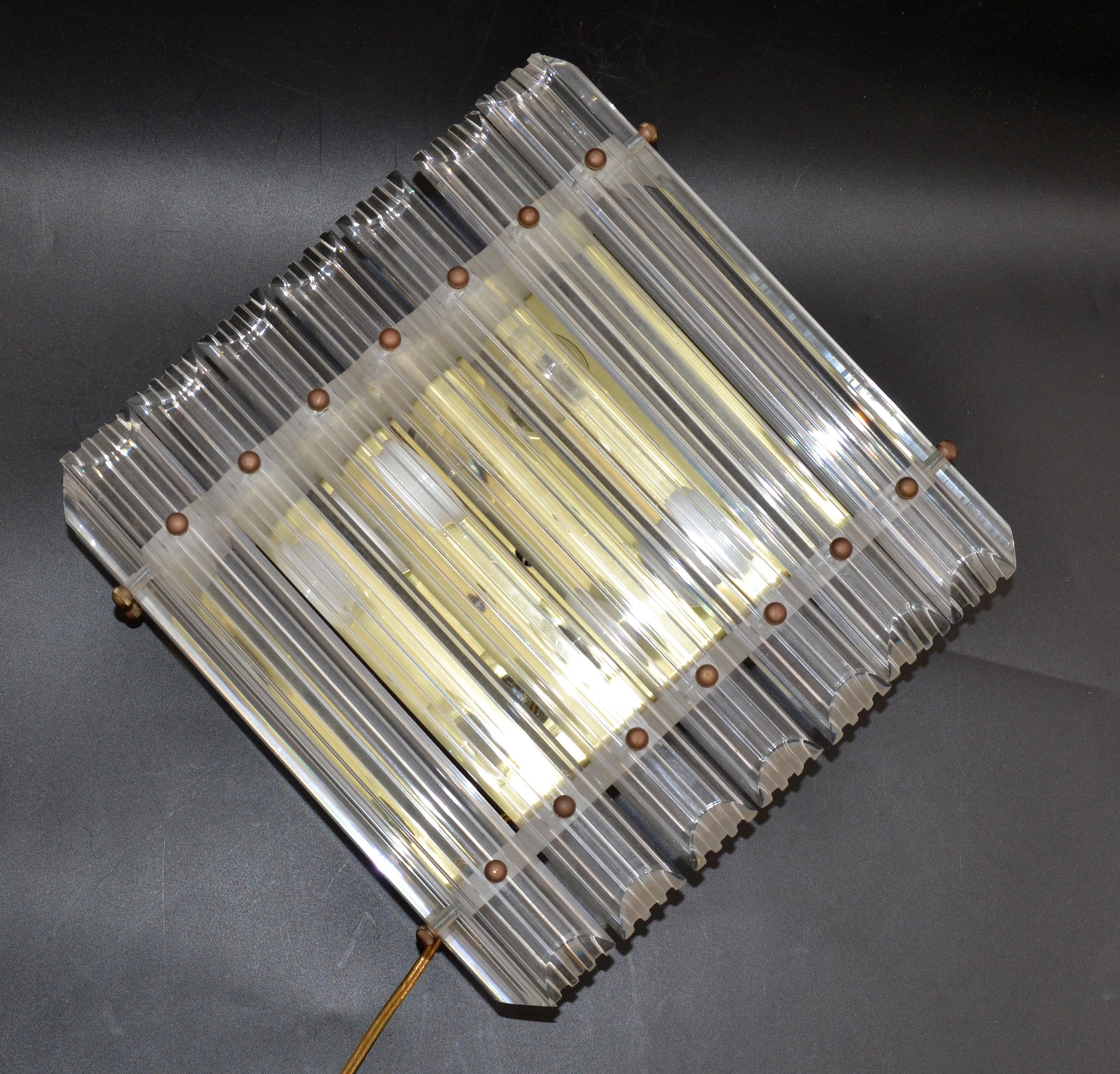 Square 4 Light Clear Lucite & Brass Flush Mount, Sconce, Mid-Century Modern 1980 For Sale 2