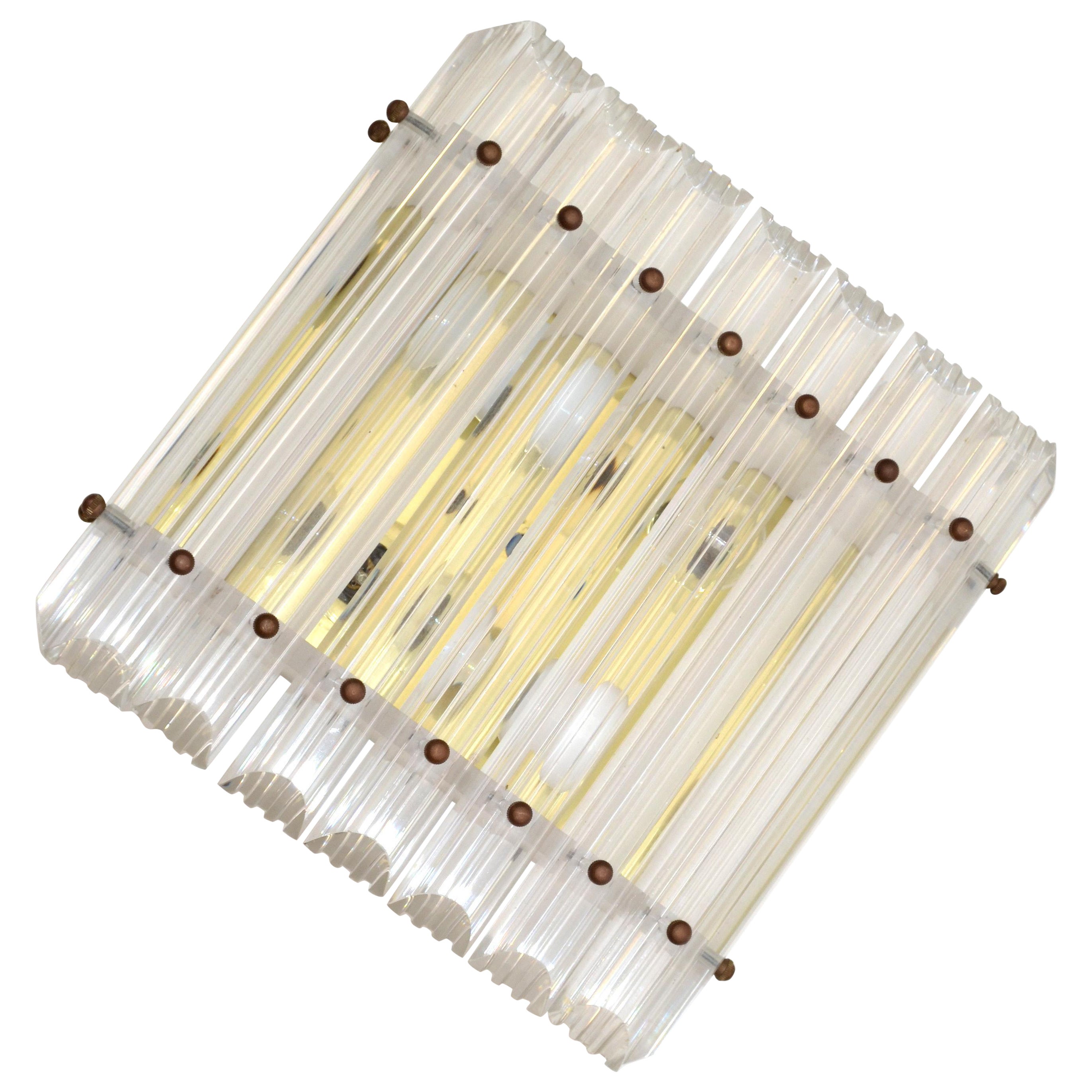 Square 4 Light Clear Lucite & Brass Flush Mount, Sconce, Mid-Century Modern 1980