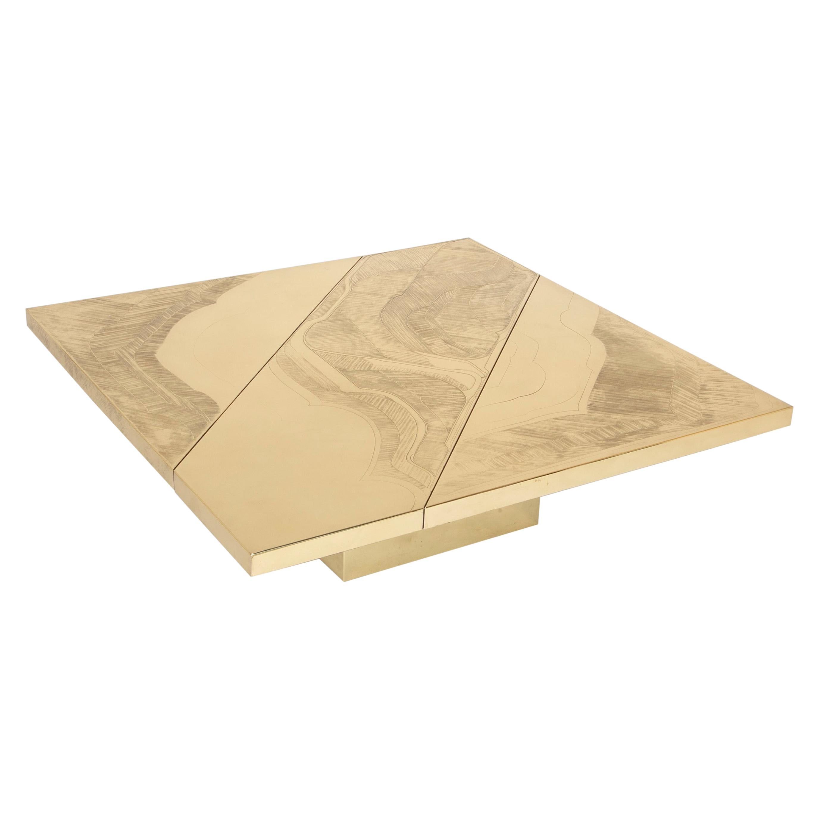 Square Acid Etched Brass Table by Jenalzi For Sale