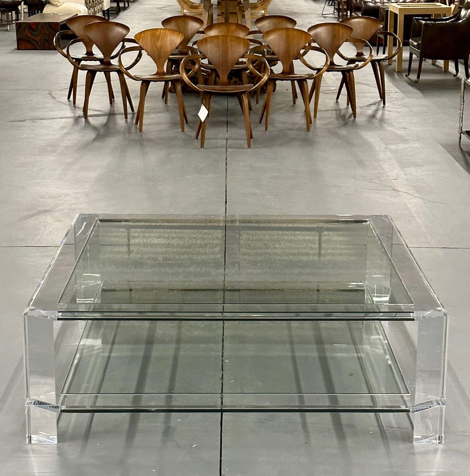 Square Acrylic and Glass Coffee Cocktail Table, Modern Two-Tier, Interlude Home 6