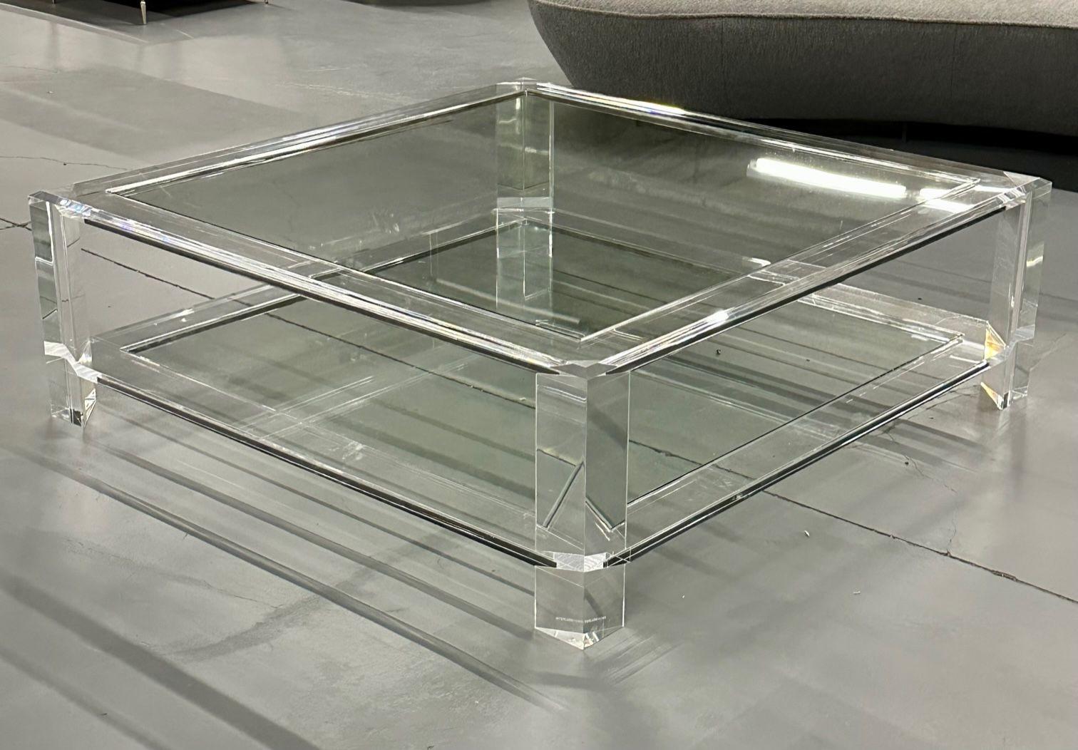American Square Acrylic and Glass Coffee Cocktail Table, Modern Two-Tier, Interlude Home