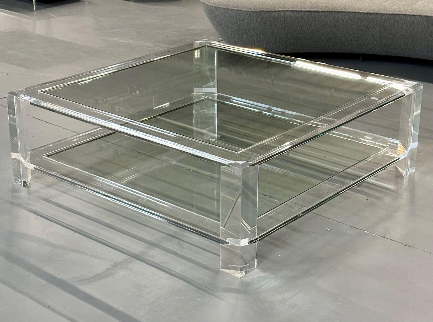 Square Acrylic and Glass Coffee Cocktail Table, Modern Two-Tier, Interlude Home In Good Condition In Manhasset, NY