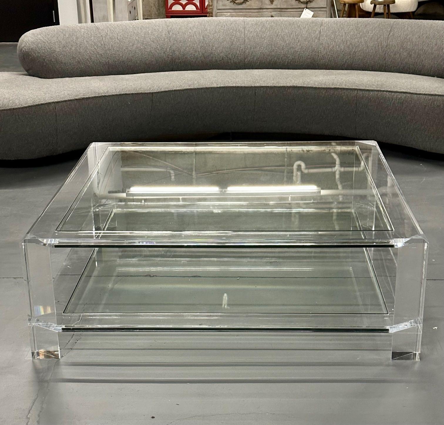 Contemporary Square Acrylic and Glass Coffee Cocktail Table, Modern Two-Tier, Interlude Home