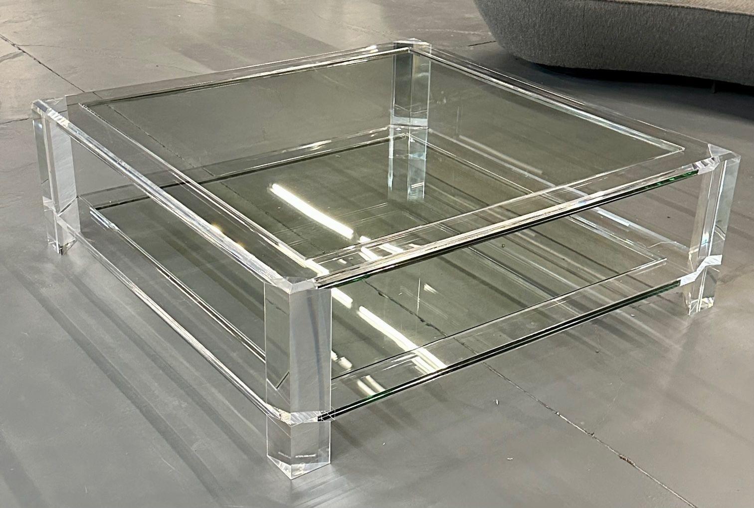 Square Acrylic and Glass Coffee Cocktail Table, Modern Two-Tier, Interlude Home 1