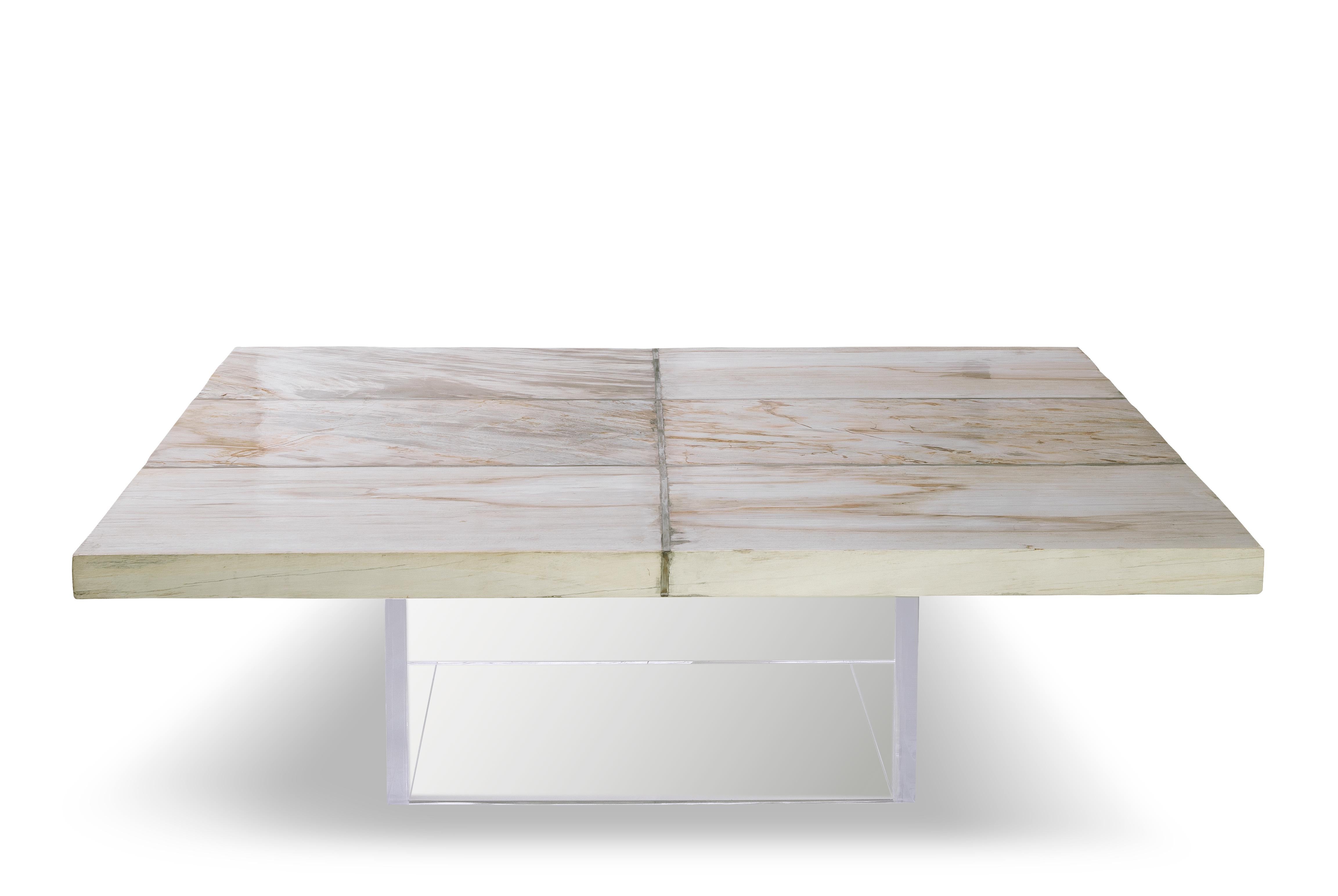 Moderne Table basse carrée en acrylique et bois, table basse Petra en vente