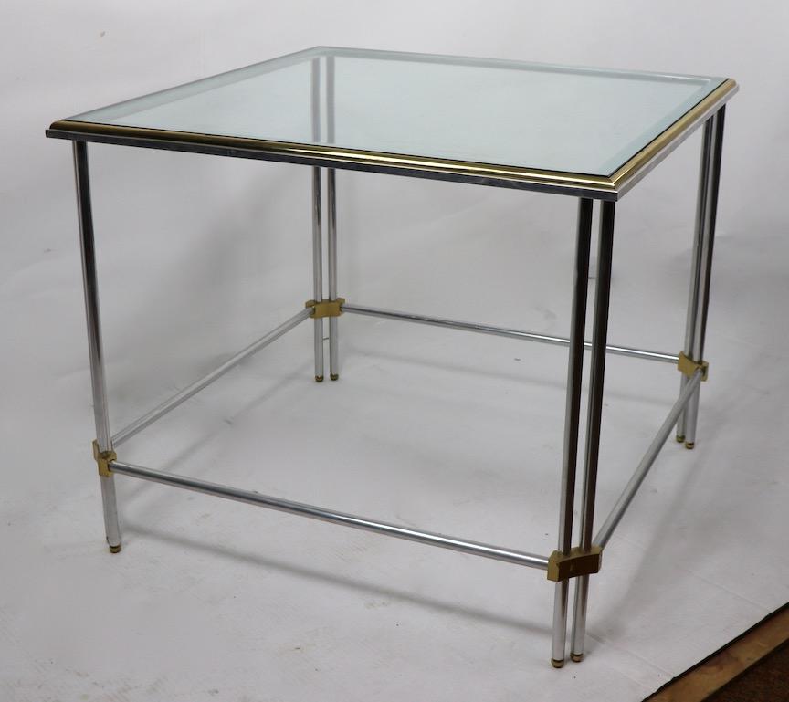 Square Aluminum Brass and Glass Table by John Vesey Inc. For Sale 11