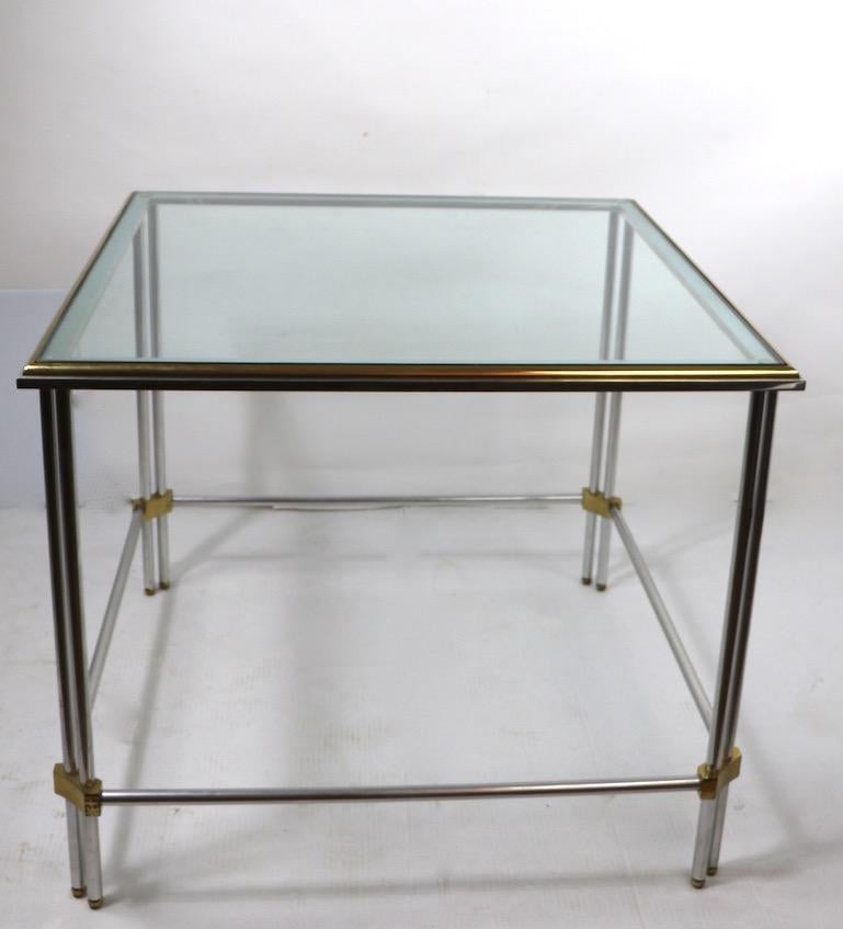 Square Aluminum Brass and Glass Table by John Vesey Inc. In Good Condition For Sale In New York, NY