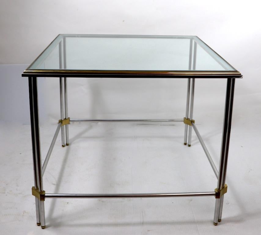 Square Aluminum Brass and Glass Table by John Vesey Inc. For Sale 1