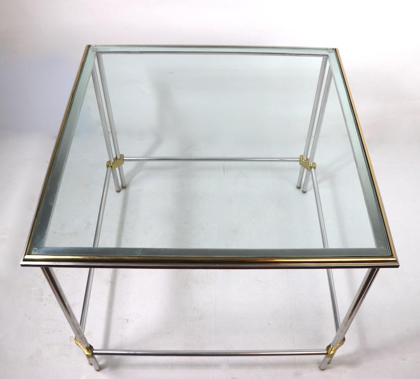 Square Aluminum Brass and Glass Table by John Vesey Inc. For Sale 2