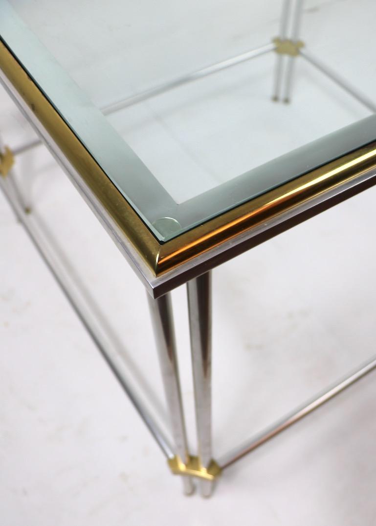 Square Aluminum Brass and Glass Table by John Vesey Inc. For Sale 3