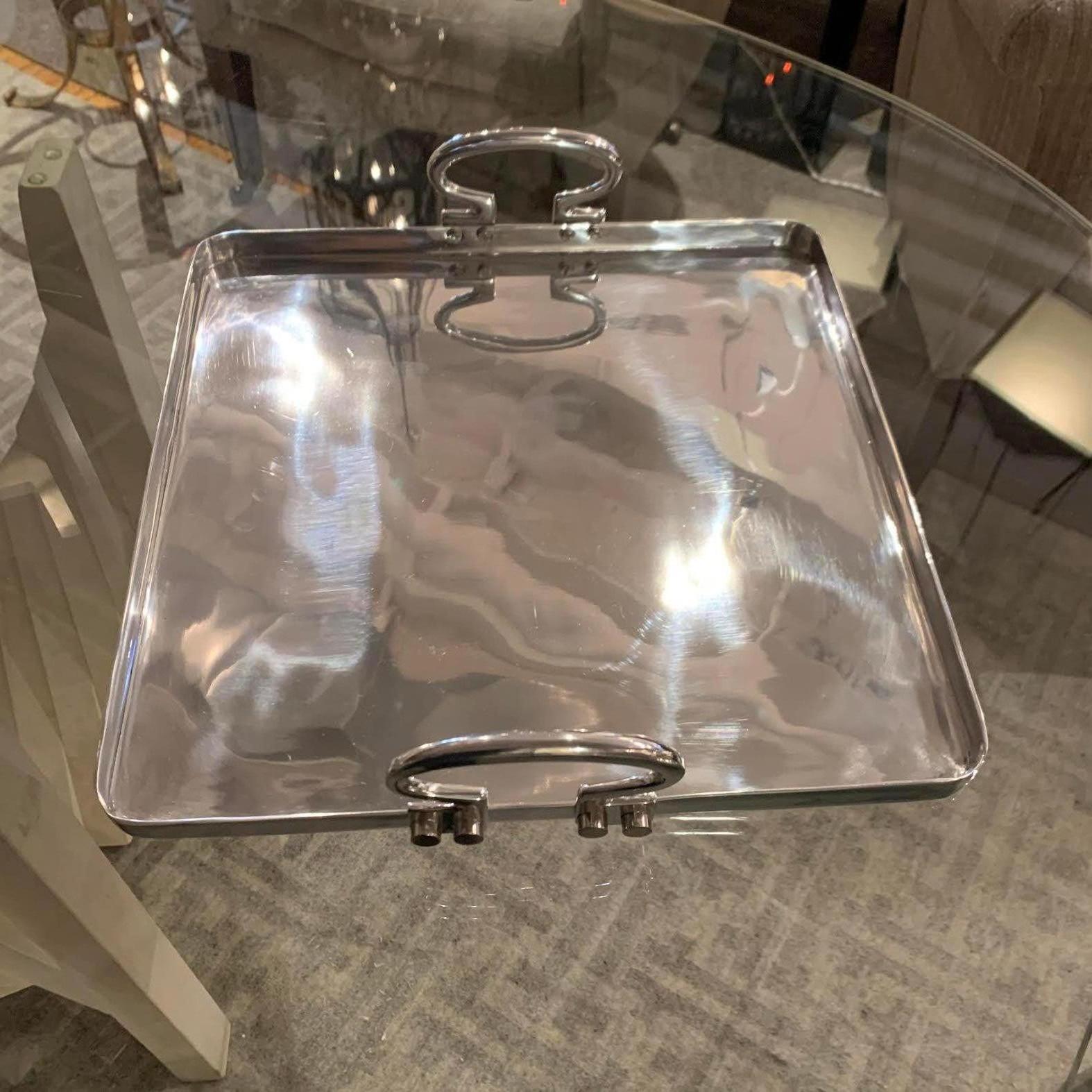 Contemporary Italian small square aluminum tray with handles.





   
