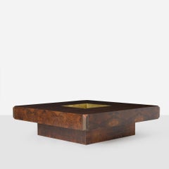 Square Alveo Coffee Table in Walnut Burlwood and Brass by Willy Rizzo for Sabot