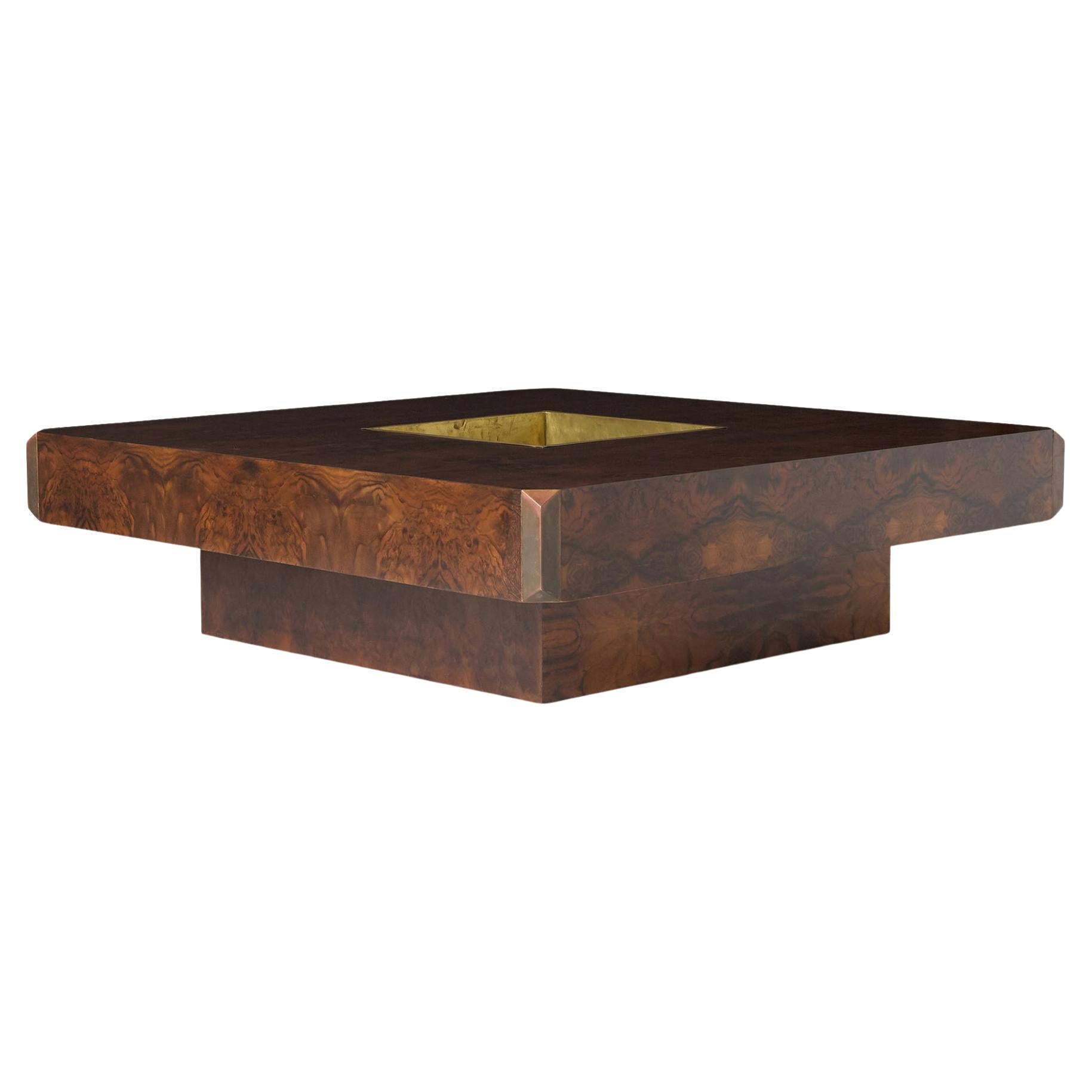 Table basse carrée Alveo en noyer Willy et laiton par Willy Rizzo pour Sabot en vente