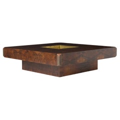 Table basse carrée Alveo en noyer Willy et laiton par Willy Rizzo pour Sabot