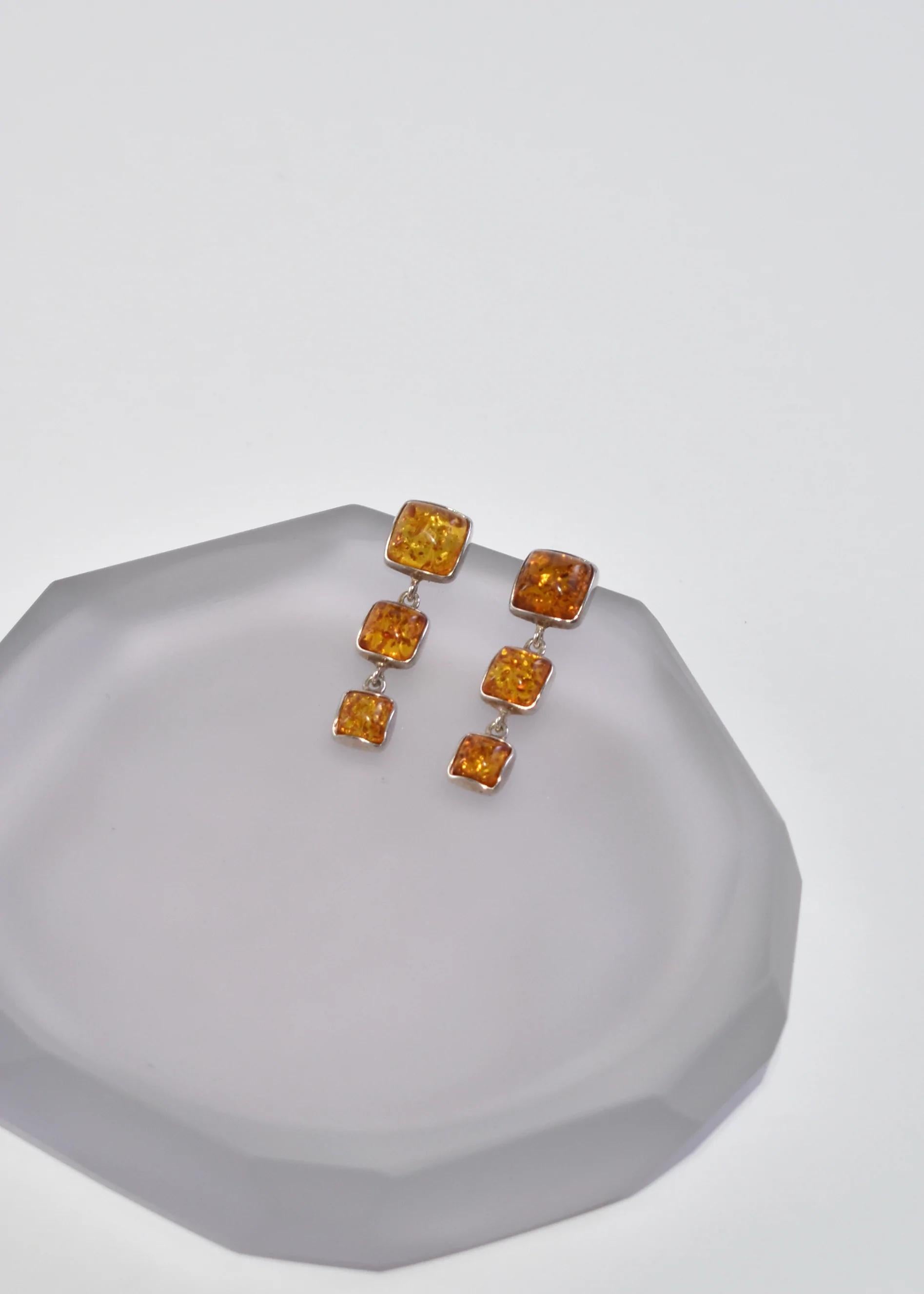 Cabochon Square Amber Drop Earrings