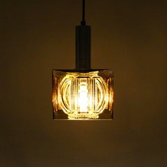 Square Amber Pendant Light, 1970s, Vintage Double Crystal Glass Ceiling Lamp