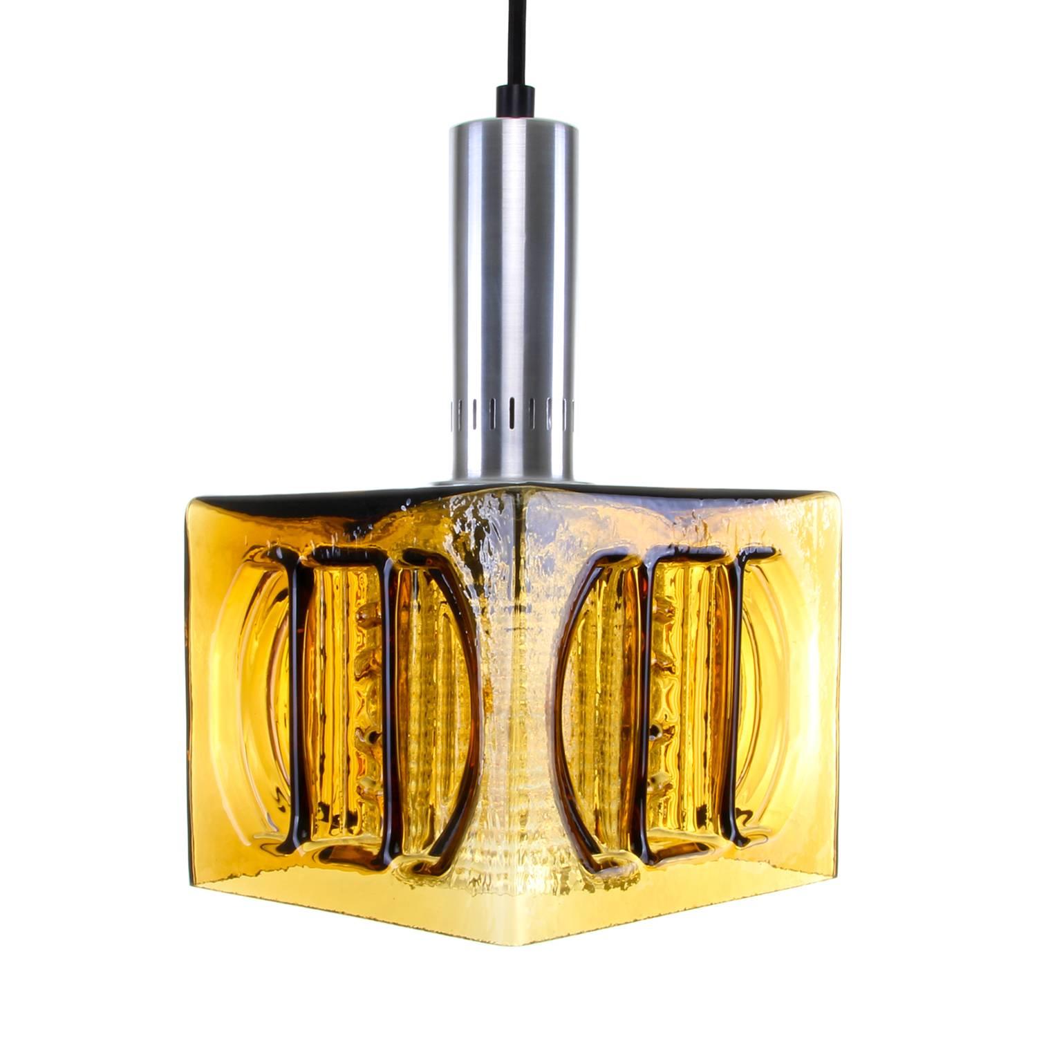 Mid-Century Modern Square Amber Pendant Light, 1970s, Vintage Double Crystal Glass Ceiling Lamp For Sale